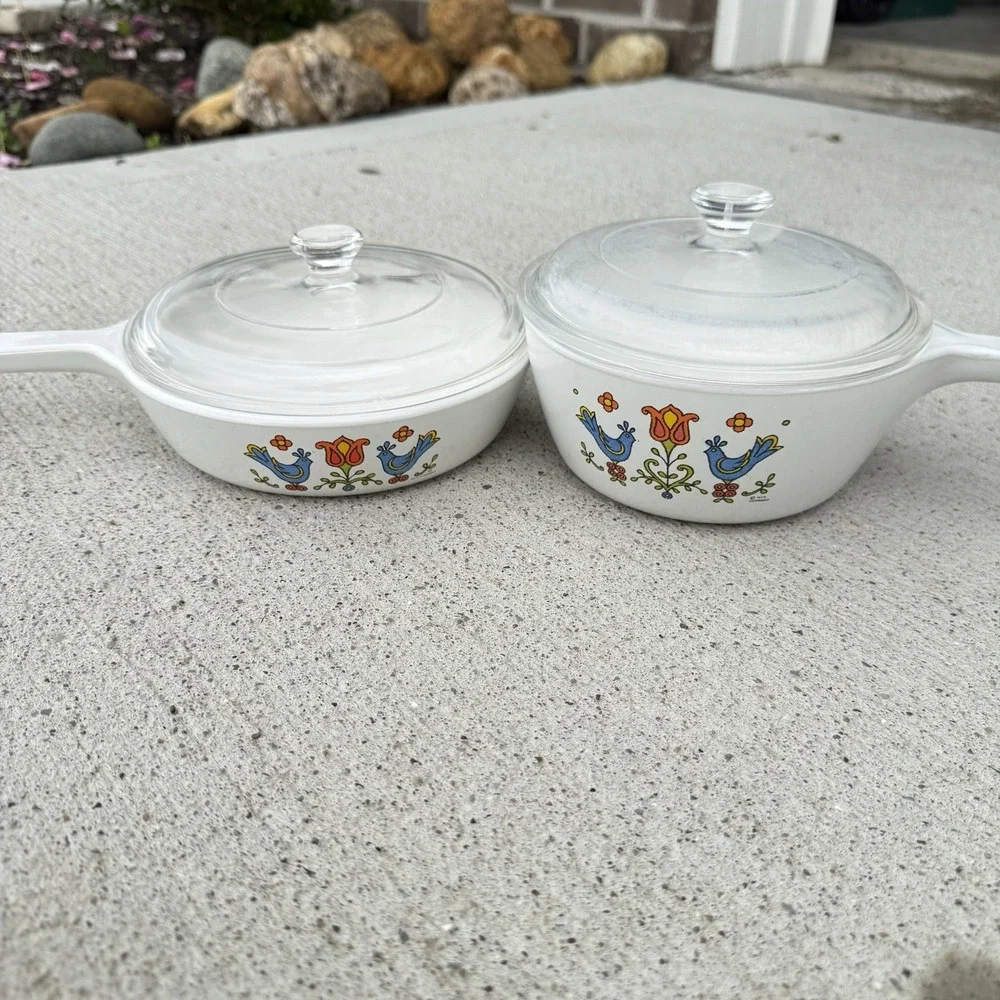 Vintage CorningWare Country Festival Blue Birds 4 Pc Saucepan Set Lids 1970s